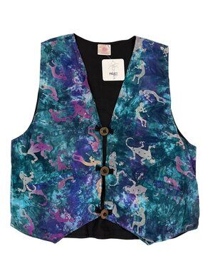 Vintage 90s Global Village Hand Batik Kokopelli & Gecko Print Vest Size Large